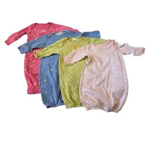 Lot of‎ 4 Baby Sleep Gowns Pink Blue Green Floral Polka Dot Lion Size 0-6M